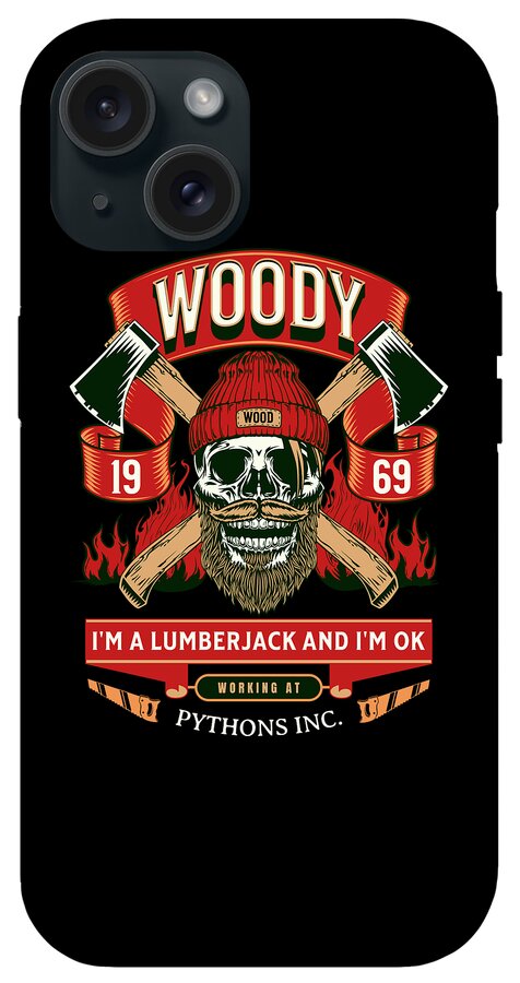 Black phone case with Woody lumberjack skull graphic, red numbers and axe symbols