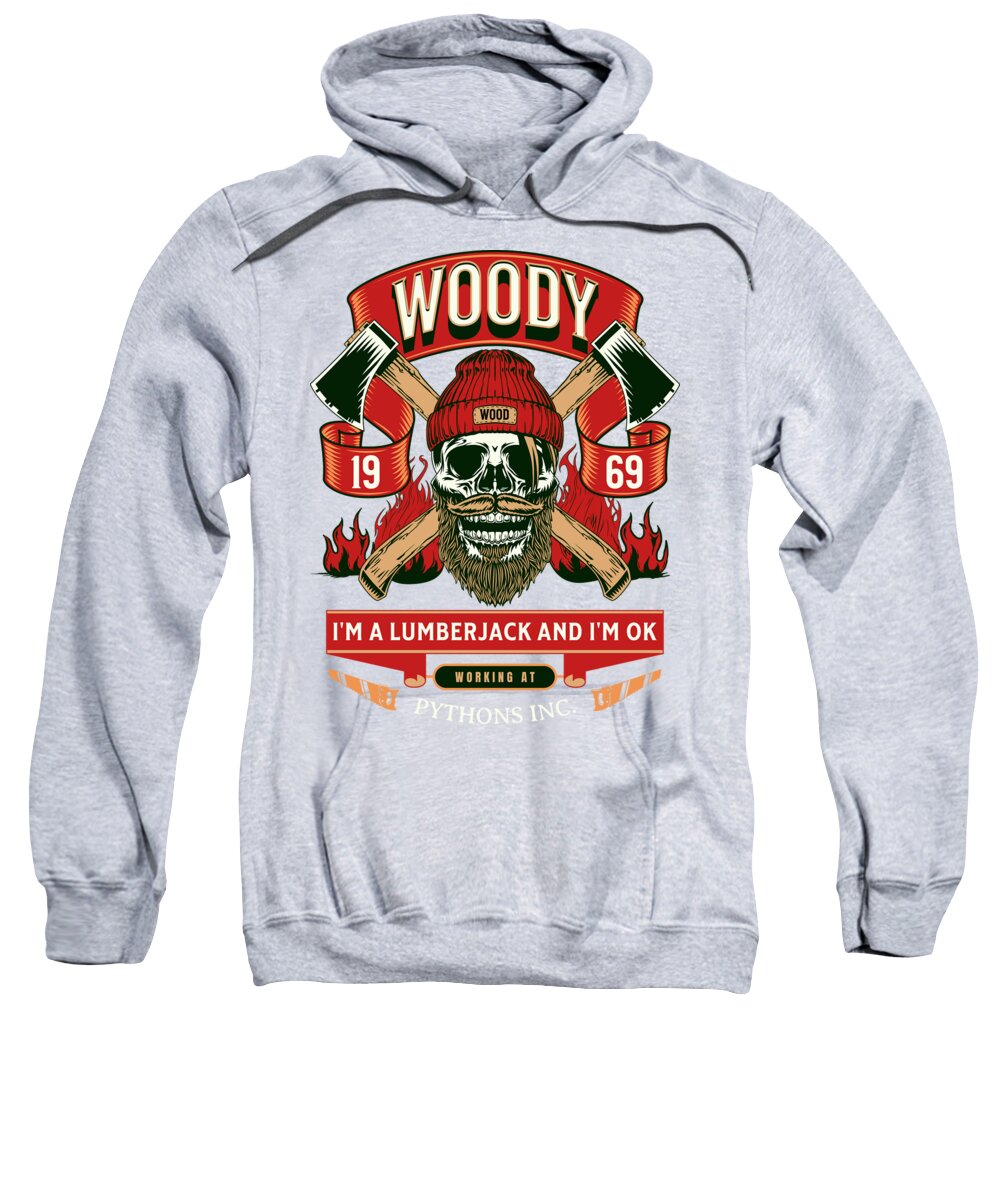 Heather gray hooded sweatshirt with front lumberjack graphic and kangaroo pocket