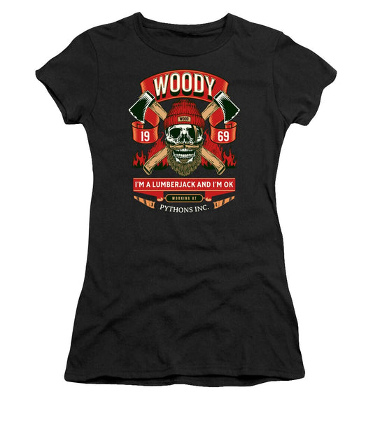 Black women's T-shirt with lumberjack graphic print at center chest