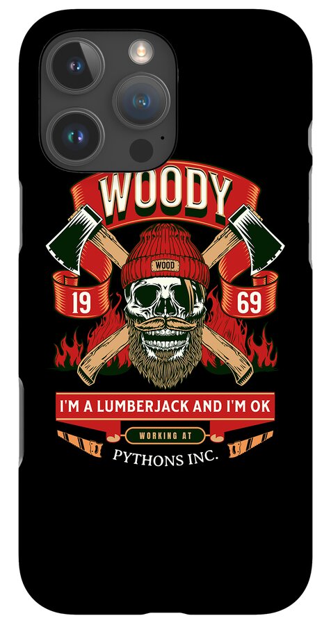 Black tough phone case with Woody lumberjack skull graphic and crossed axe design
