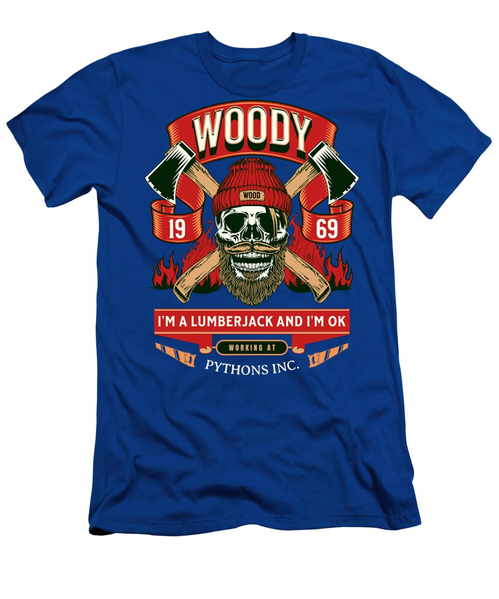 Royal blue T-shirt with front Woody lumberjack graphic and slogan print