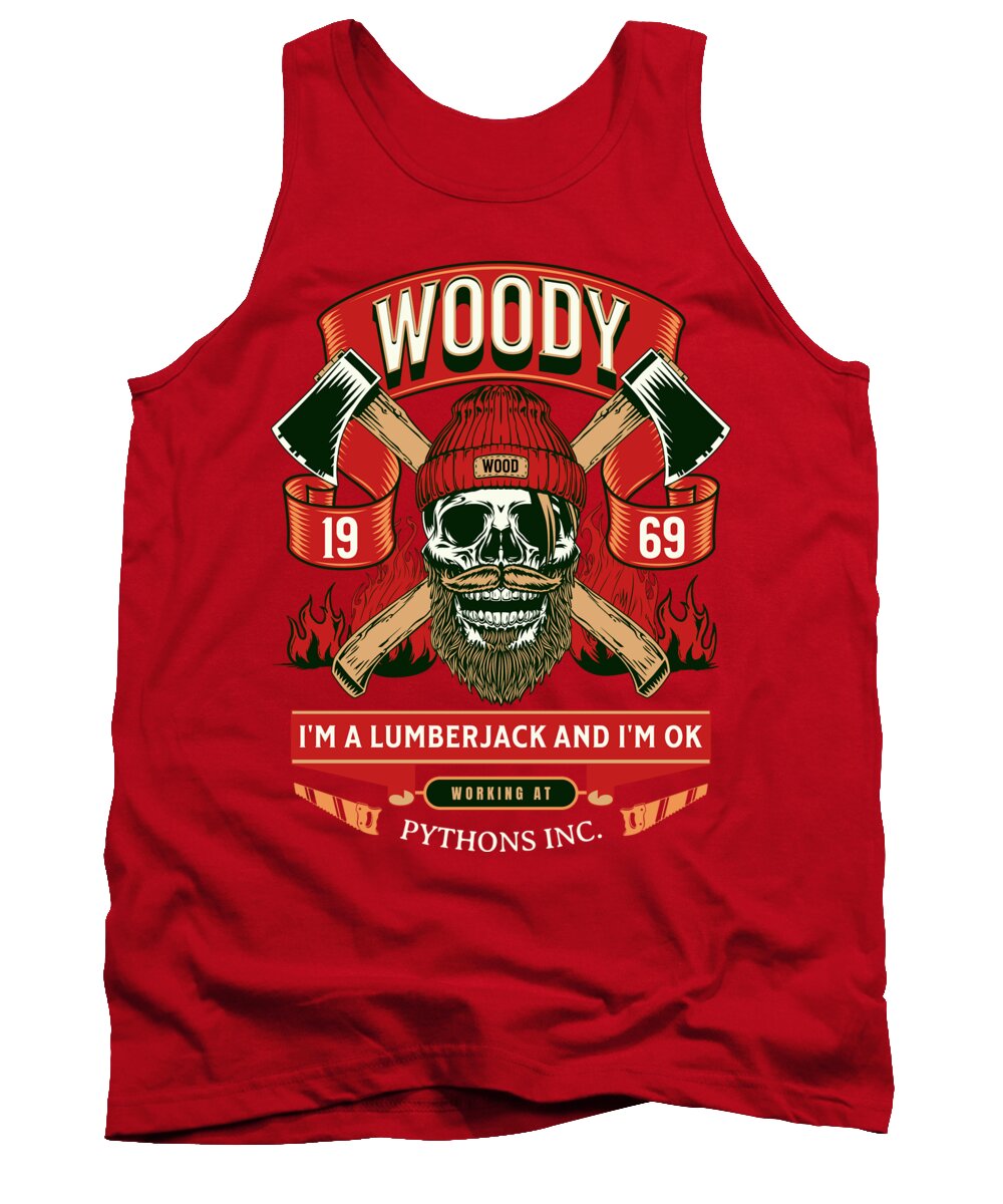 Red tank top with lumberjack skull graphic, green axes, and red flame lettering.