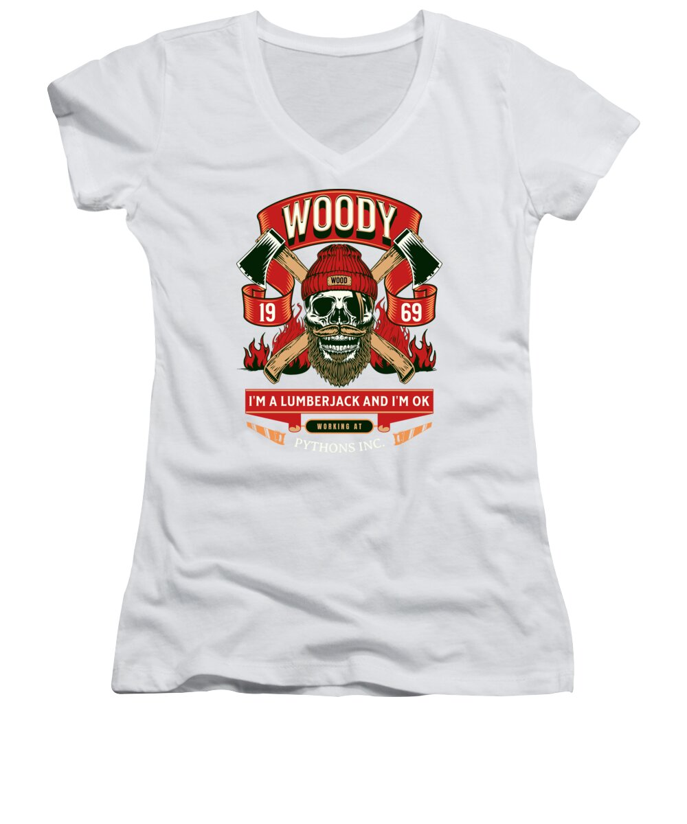 Women's white V-neck T-shirt with colorful lumberjack logo graphic on front