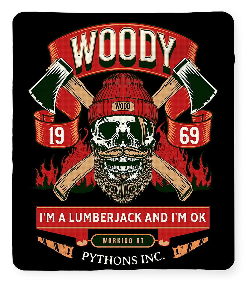 Black-backed printed blanket with red ribbon reading 'Working at' and skull face