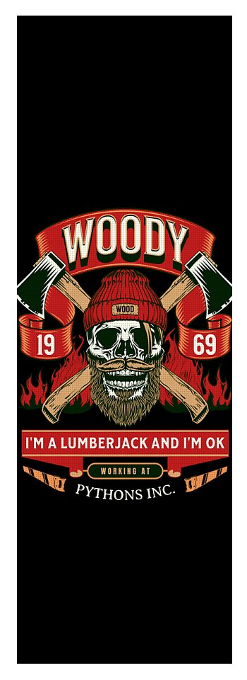 Yoga mat with Woody lumberjack graphic and WOODY banner, skull and axes on black