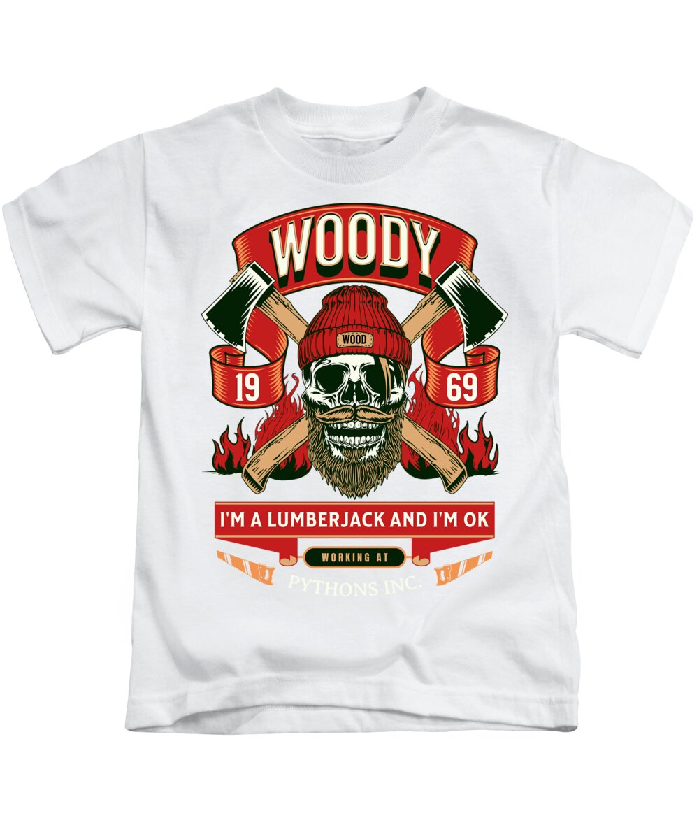 Kids T-shirt, white with Woody lumberjack skull graphic front