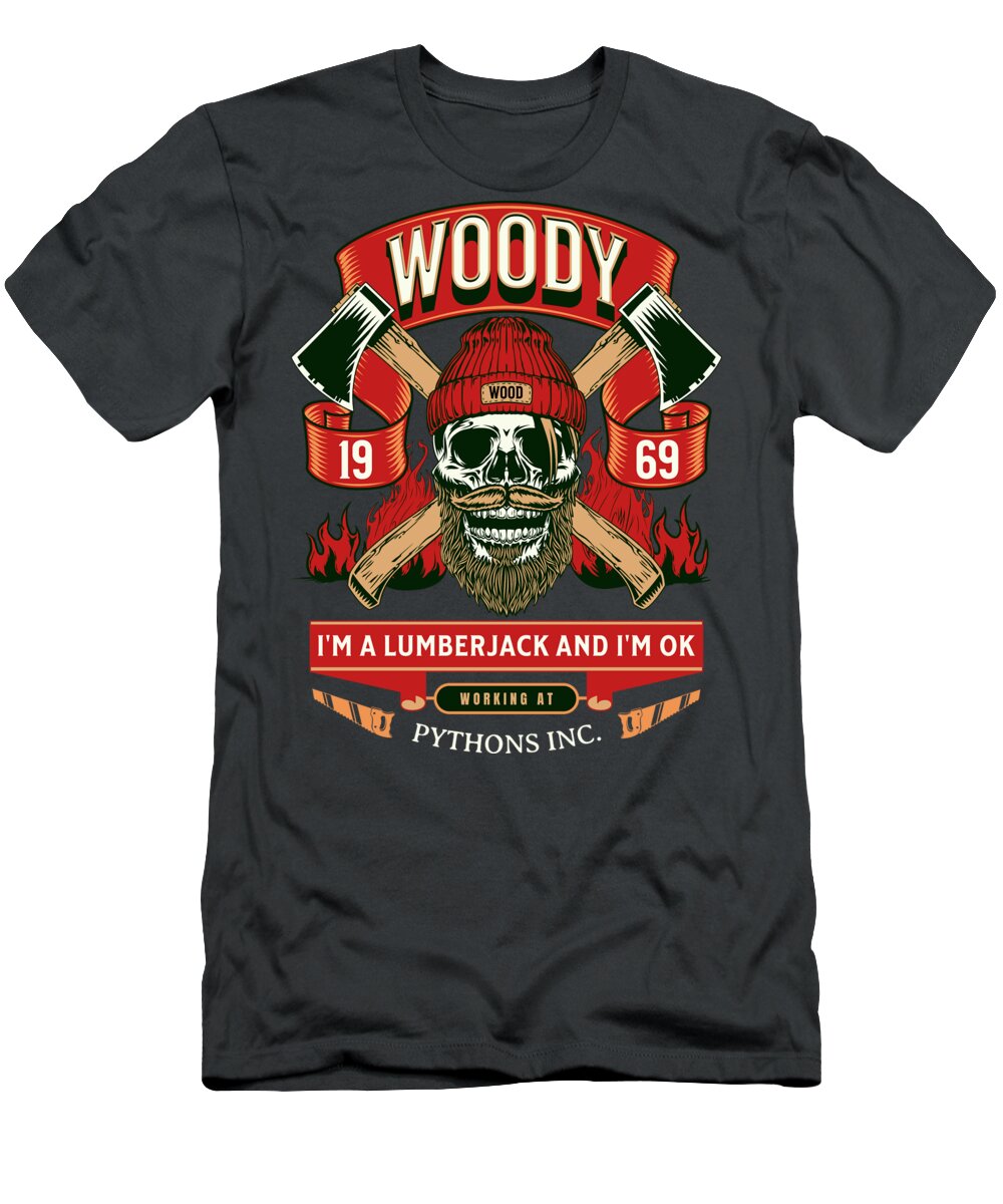 Charcoal T-shirt with front Woody lumberjack graphic and slogan print