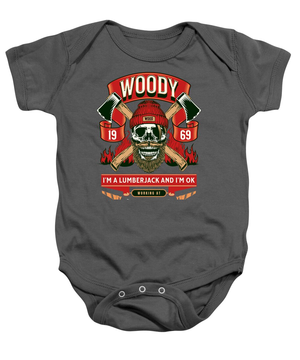 Charcoal baby onesie with front lumberjack graphic and snap-button bottom opening