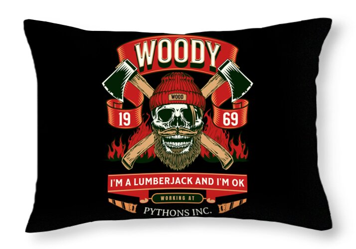 Black throw pillow with Woody lumberjack graphic, skull, crossed axes and flames.