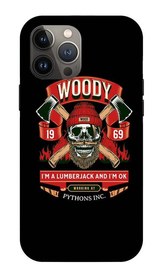 Black phone case with Woody graphic: skull and crossed axes, flames, numbers 19 and 69; camera cutouts