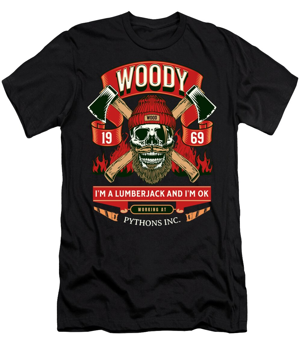 Black T-shirt with front Woody lumberjack graphic and slogan print