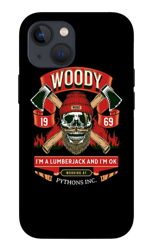 Black phone case with Woody graphic: skull, crossed axes, flames, numbers 19 and 69; camera cutouts