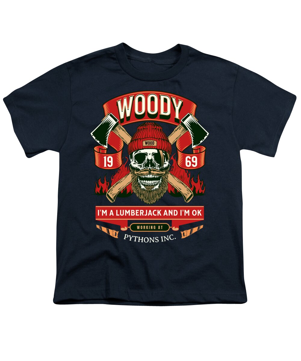 Dark navy youth t-shirt with front lumberjack graphic and 'Woody' text