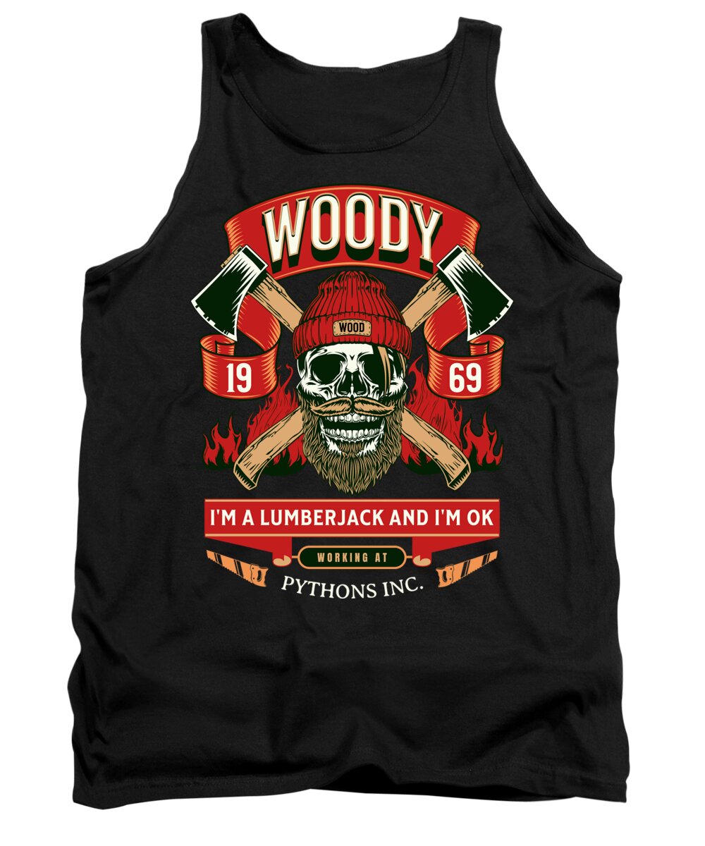 Black tank top with lumberjack skull graphic and red flame lettering in front.