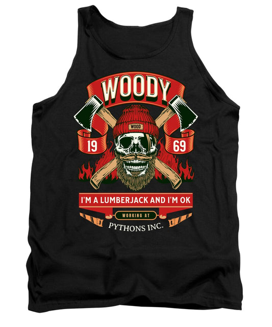 Black tank top with lumberjack skull graphic and red flame lettering in front.