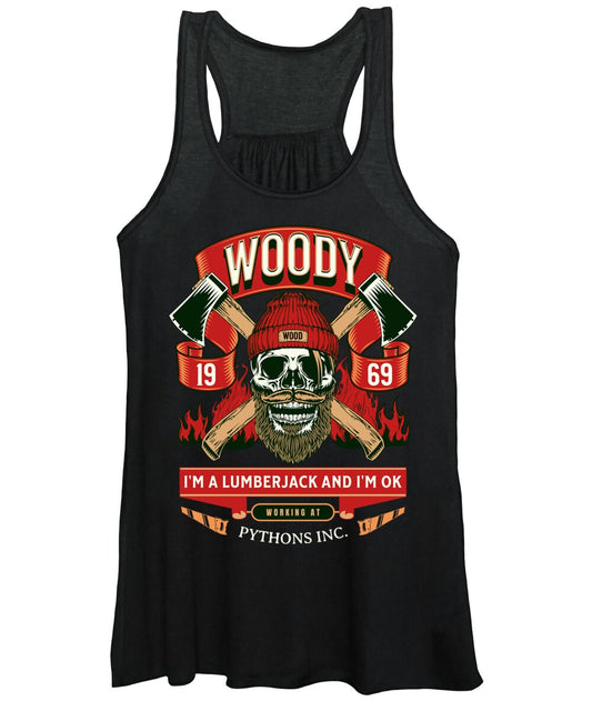 Women's tank top in black with front lumberjack graphic and slogan print
