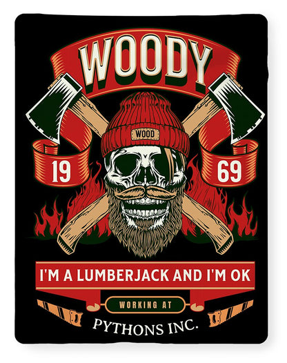 Printed blanket with red 'I'm a lumberjack' banner and green banner stripes
