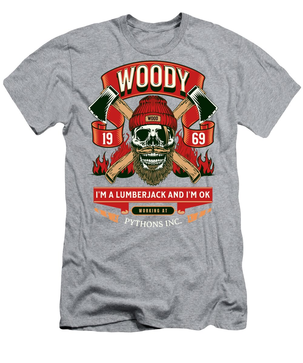 Heather gray T-shirt with front Woody lumberjack graphic and slogan print