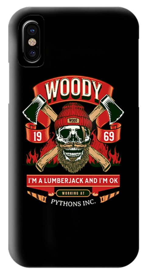 Black phone case with WOODY badge, crossed axes, skull lumberjack art and quote text.