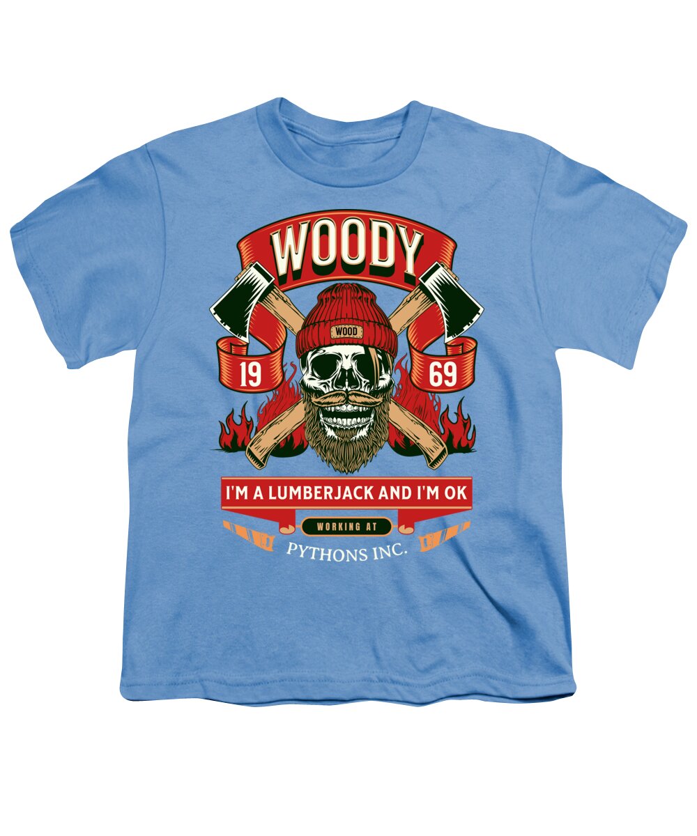 Youth light blue T-shirt with “WOODY” lumberjack graphic and skull logo on front.