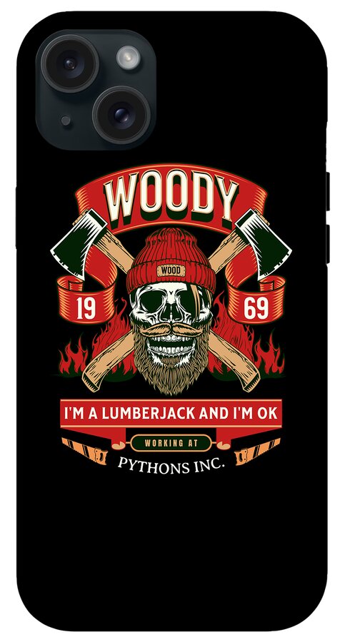 Black phone case with Woody lumberjack skull graphic and red axe-handle accents