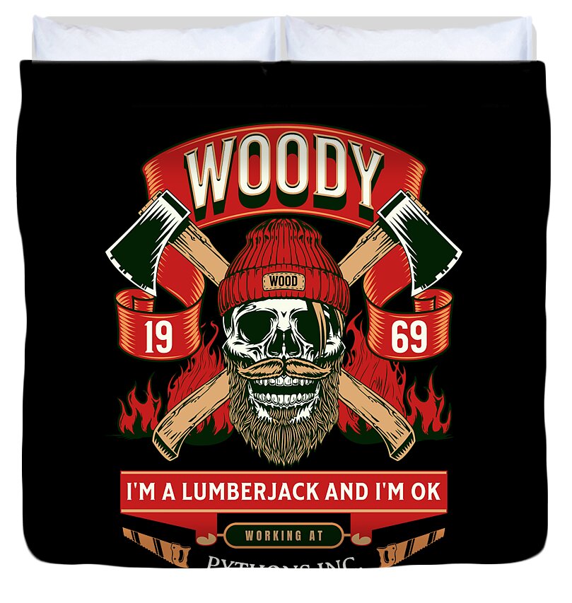 Duvet cover with black background and lumberjack skull graphic, red lettering and crossed axes