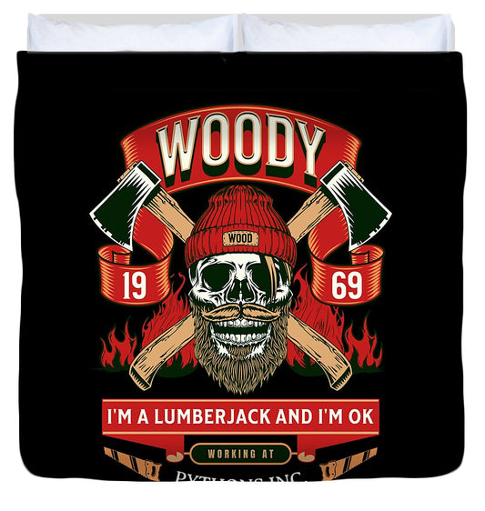 Duvet cover with black background and lumberjack skull graphic, red lettering and crossed axes
