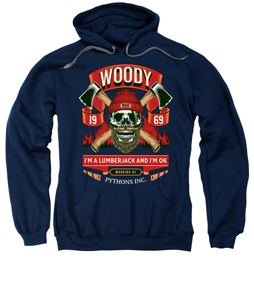 Navy hooded sweatshirt with front lumberjack graphic and kangaroo pocket