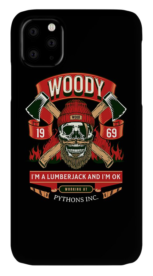 Black phone case with Woody lumberjack skull graphic and red-green axe details