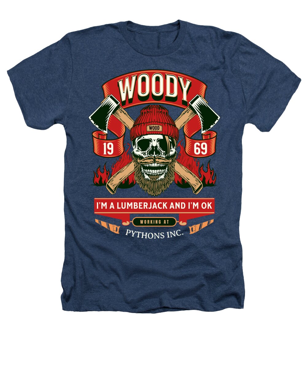 Heathers T-shirt, heather navy, front lumberjack skull graphic and slogan
