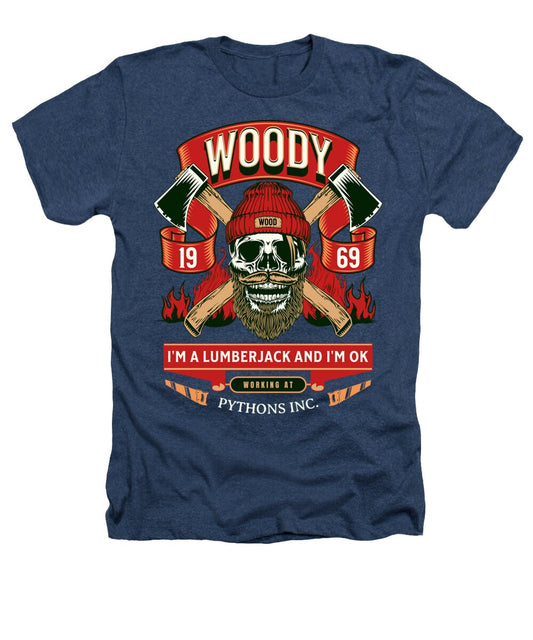 Heathers T-shirt, heather navy, front lumberjack skull graphic and slogan