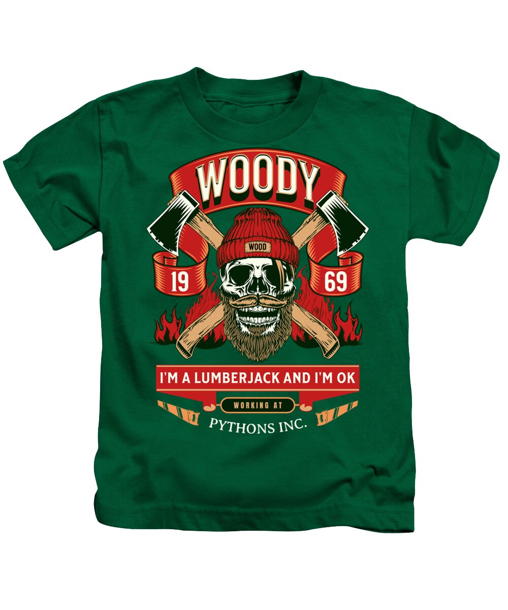 Kids green T-shirt with colorful lumberjack skull graphic, flaming accents, and badges