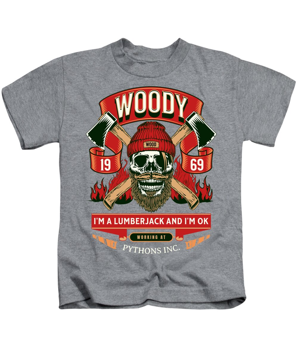 Kids heather gray T-shirt with lumberjack skull graphic and red banner lettering