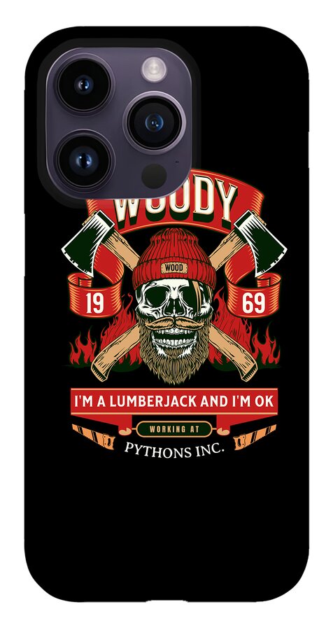 Woody the Lumberjack phone case, gray rear with skull, crossed axes, and barrels 19/69.