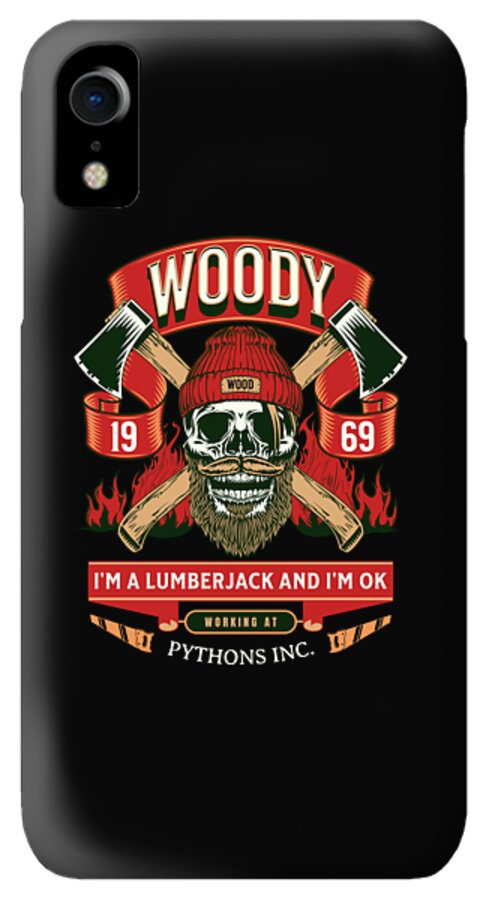 Black phone case with WOODY badge, crossed axes, skull lumberjack art and quote text.