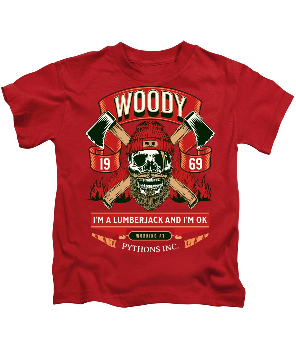 Kids T-shirt, red with Woody lumberjack skull graphic front