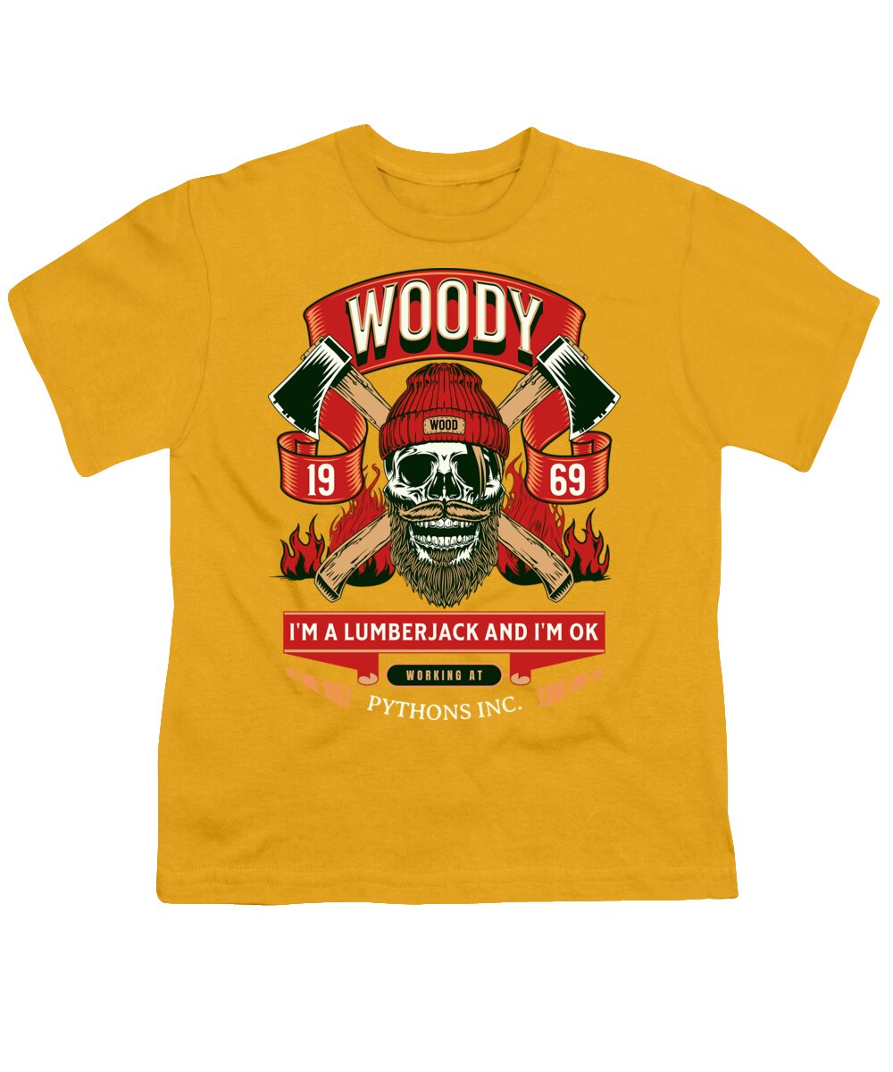 Youth yellow T-shirt with “WOODY” lumberjack graphic and skull logo on front.