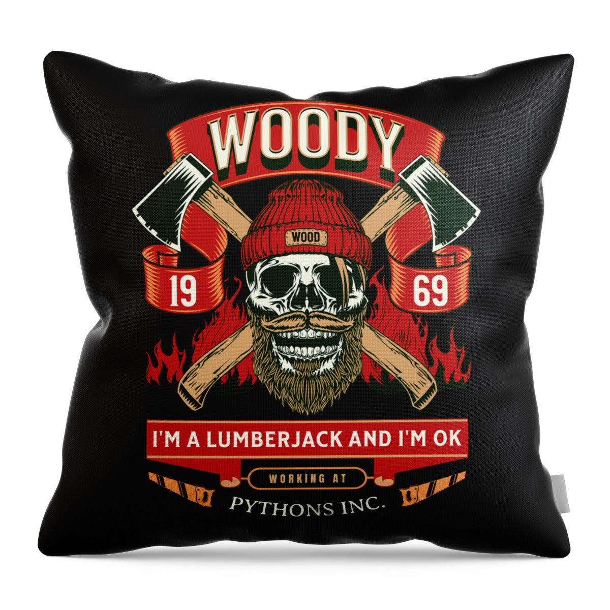 Black throw pillow featuring Woody lumberjack illustration with red flames and hat