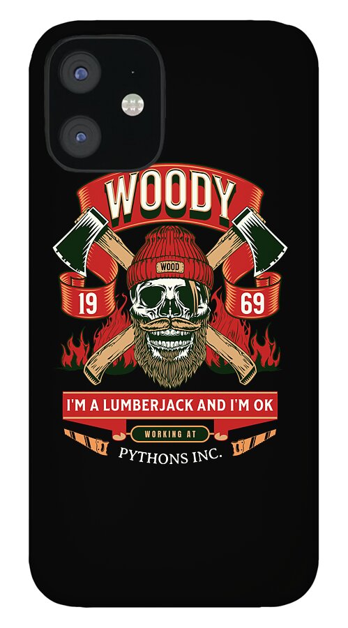 Black phone case displaying Woody skull-and-axes graphic with flames and banner; top camera cutouts