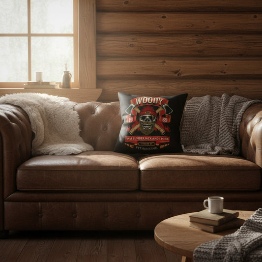 Black throw pillow with Woody lumberjack graphic and red numbers 19 and 69