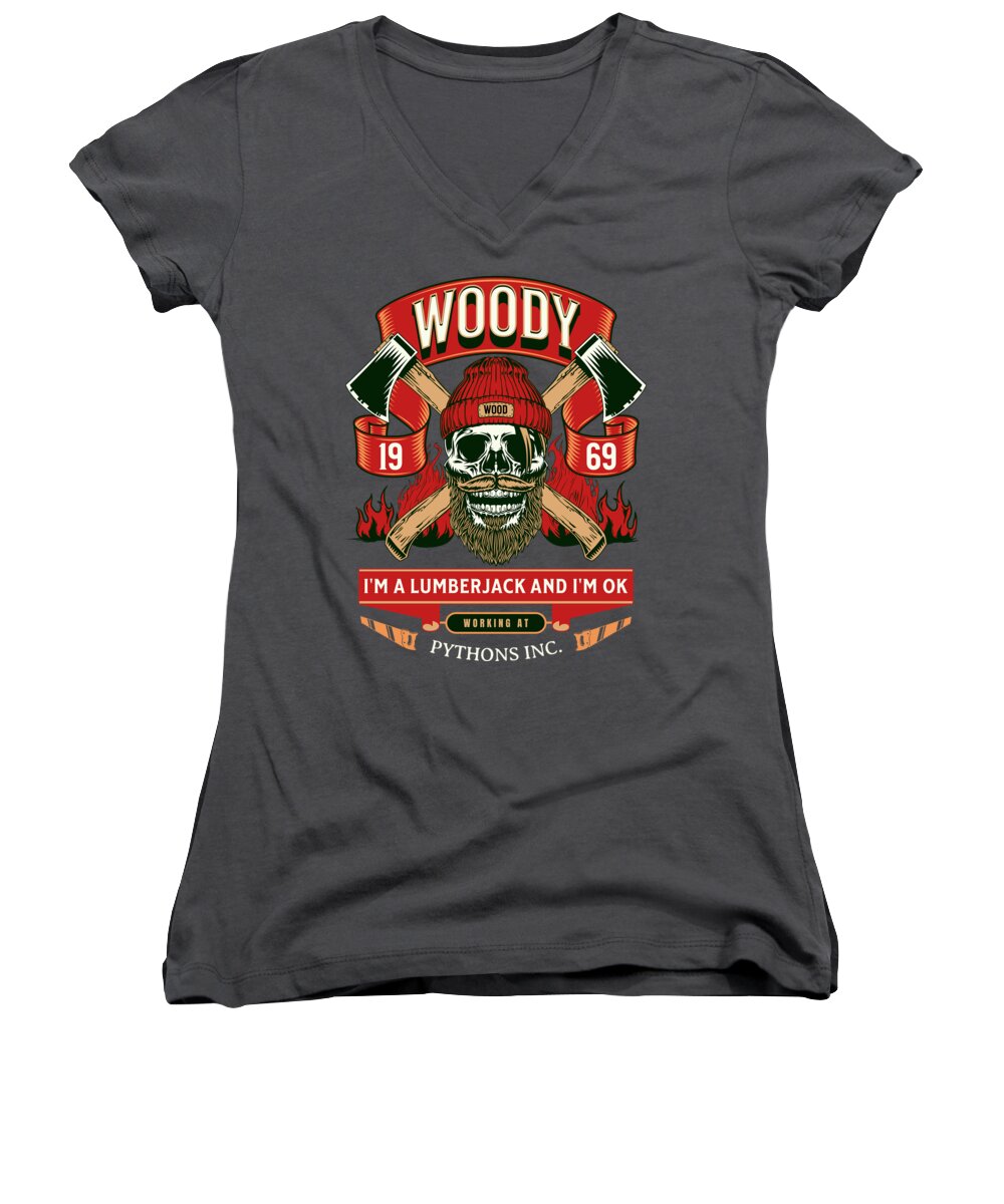 Women's charcoal V-neck T-shirt with colorful lumberjack logo graphic on front