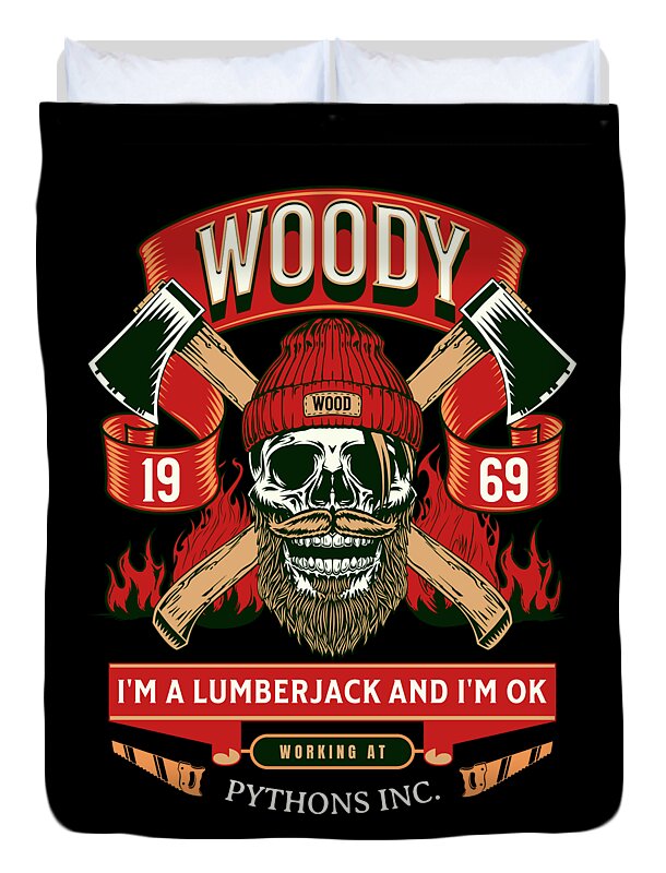 Duvet cover with black background, bearded skull in cap, crossed axes and bold slogan text
