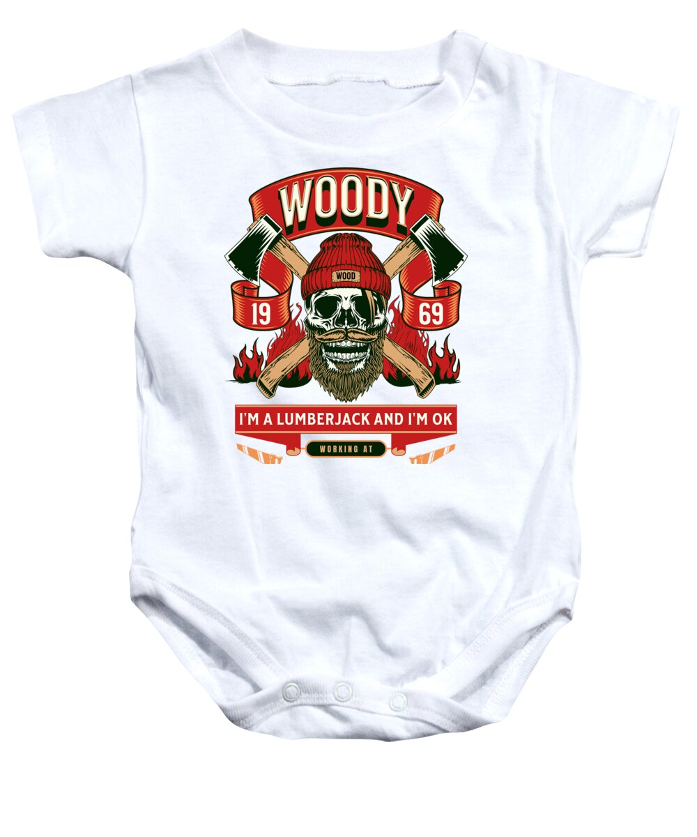 White baby onesie with Woody lumberjack graphic and snap bottom