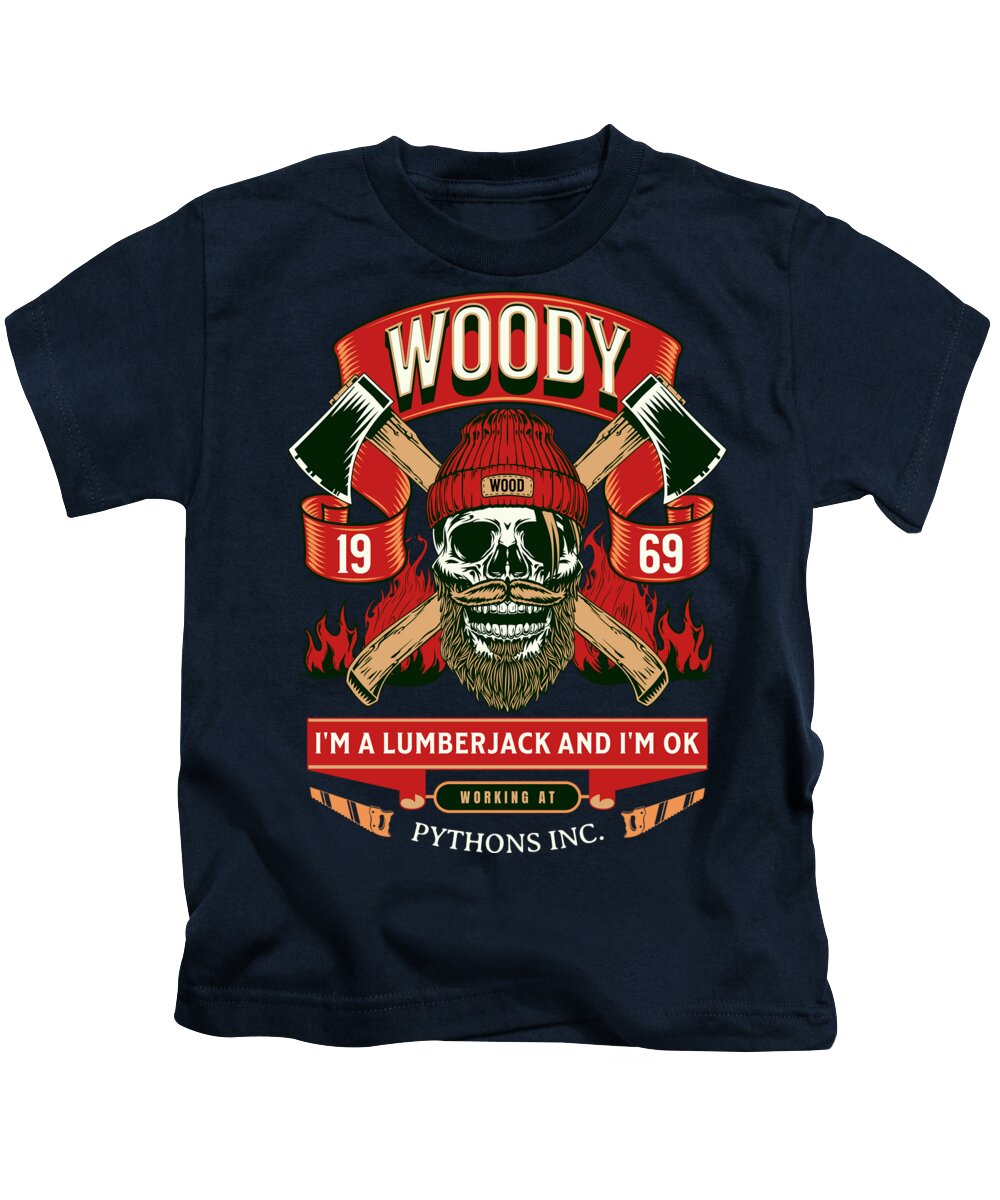 Kids navy T-shirt with colorful lumberjack skull graphic and red ribbon badge print