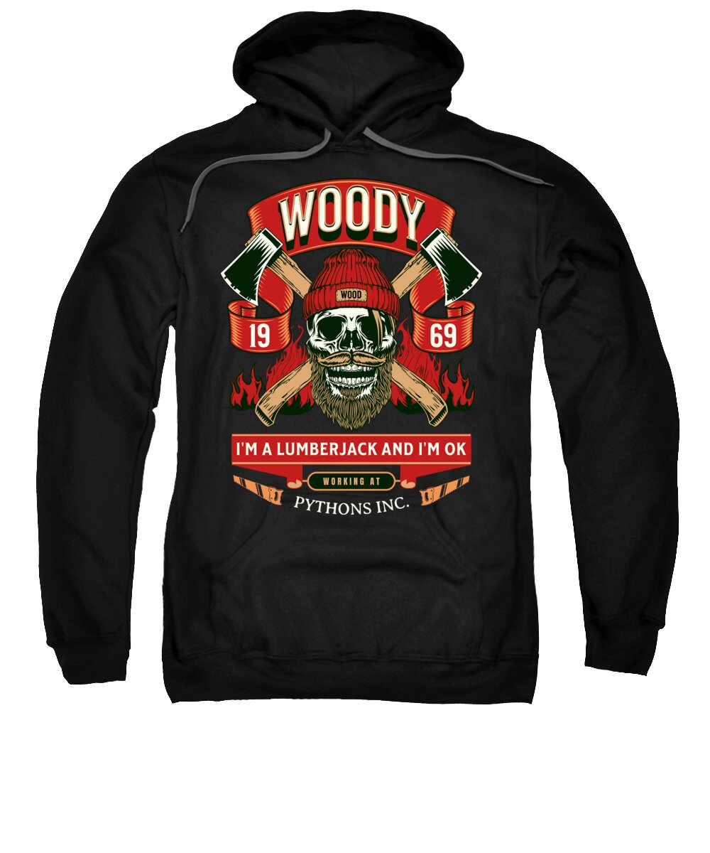 Black hooded sweatshirt with front lumberjack graphic and kangaroo pocket