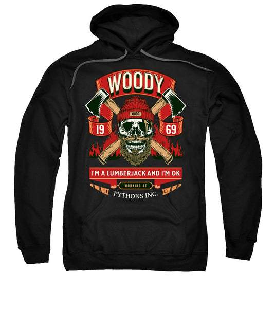 Black hooded sweatshirt with front lumberjack graphic and kangaroo pocket