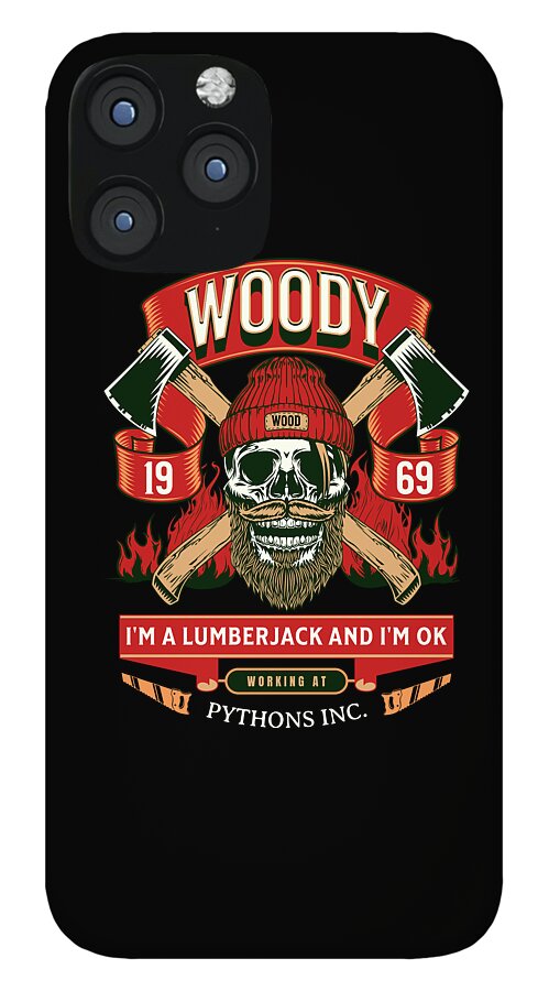 Black phone case with Woody lumberjack skull, axes graphic, and 'WOODY' text