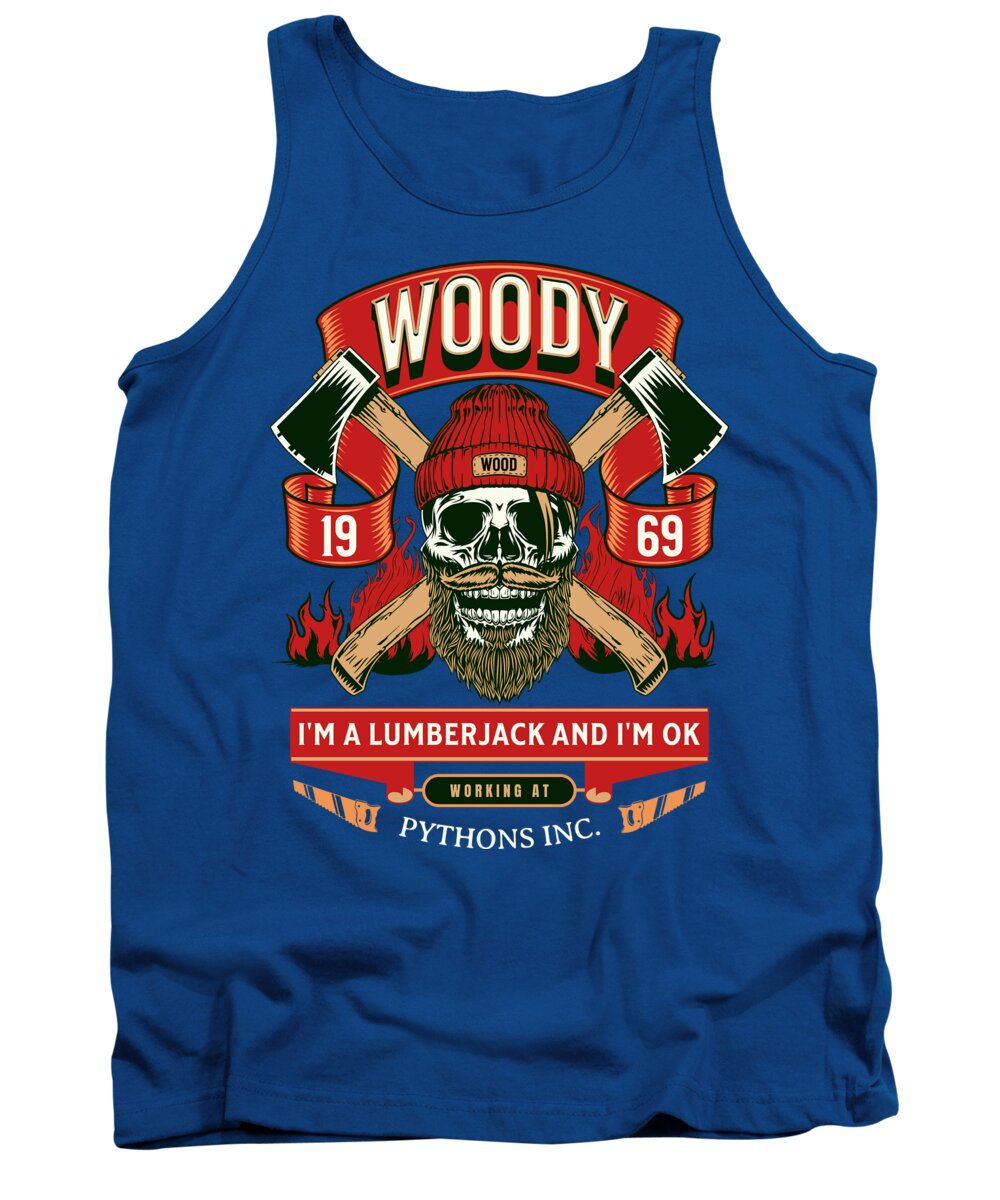 Royal blue tank top with lumberjack skull graphic and red flame lettering in front.