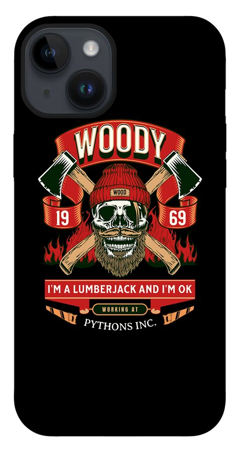 Woody the Lumberjack phone case, black back with red-and-green lumberjack skull emblem.