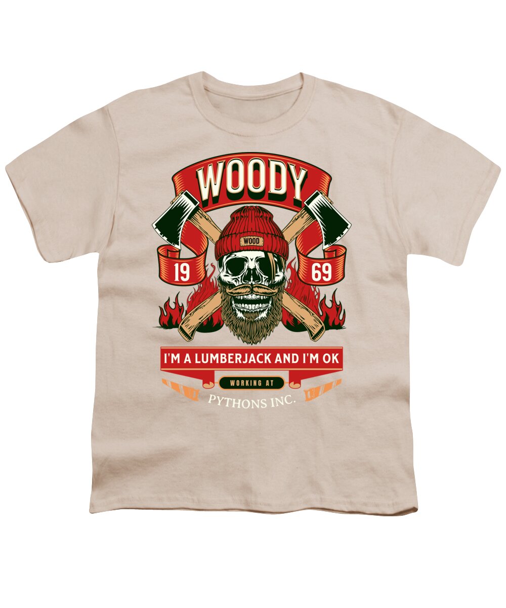 Youth cream T-shirt with “WOODY” lumberjack graphic and skull logo on front.